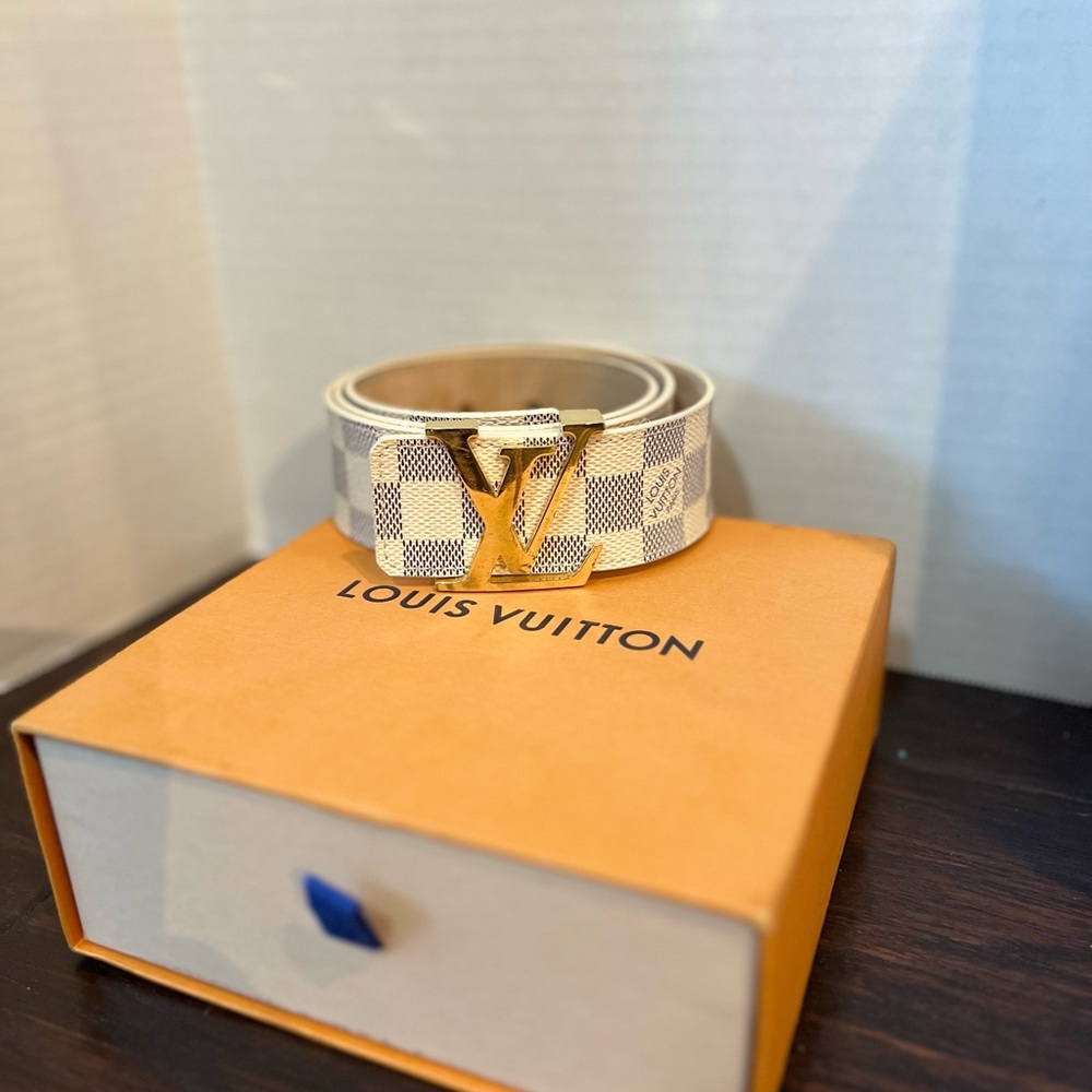 LOUIS VUITTON Gold and Cream Damier Plaid Belt
